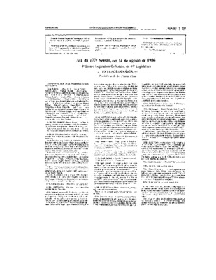 <BR>Data: 15/08/1986<BR>Fonte: Diário do Congresso Nacional, Brasília, 15 ago. 1986. Seção 2, p. 2765-2766<BR>Endereço para citar este documento: ->www2.senado.leg.br/bdsf/item/id/98668