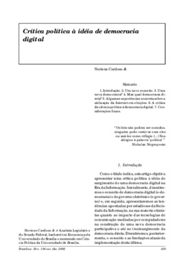 <BR>Data: 10/2002<BR>Fonte: Revista de informação legislativa, v. 39, n. 156, p. 129-145, out./dez. 2002<BR>Parte de: ->Revista de informação legislativa : v. 39, n. 156 (out./dez. 2002)<BR>Responsabilidade: Nerione Cardoso Jr.<BR>Endereço para citar este