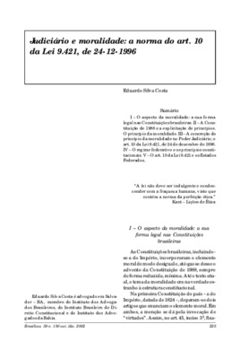 <BR>Data: 10/2002<BR>Fonte: Revista de informação legislativa, v. 39, n. 156, p. 225-232, out./dez. 2002<BR>Parte de: ->Revista de informação legislativa : v. 39, n. 156 (out./dez. 2002)<BR>Responsabilidade: Eduardo Silva Costa<BR>Endereço para citar este