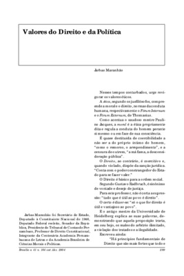 <BR>Data: 10/2004<BR>Fonte: Revista de informação legislativa, v. 41, n. 164, p. 299-302, out./dez. 2004<BR>Parte de: ->Revista de informação legislativa : v. 41, n. 164 (out./dez. 2004)<BR>Responsabilidade: Jarbas Maranhão<BR>Endereço para citar este doc