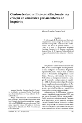 <BR>Data: 01/2007<BR>Fonte: Revista de informação legislativa, v. 44, n. 173, p. 161-174, jan./mar. 2007<BR>Conteúdo: A CPI do governo Sarney -- A CPMI PC / Collor -- O governo Fernando Henrique Cardoso -- O governo Luiz Inácio Lula da Silva -- O Supremo 